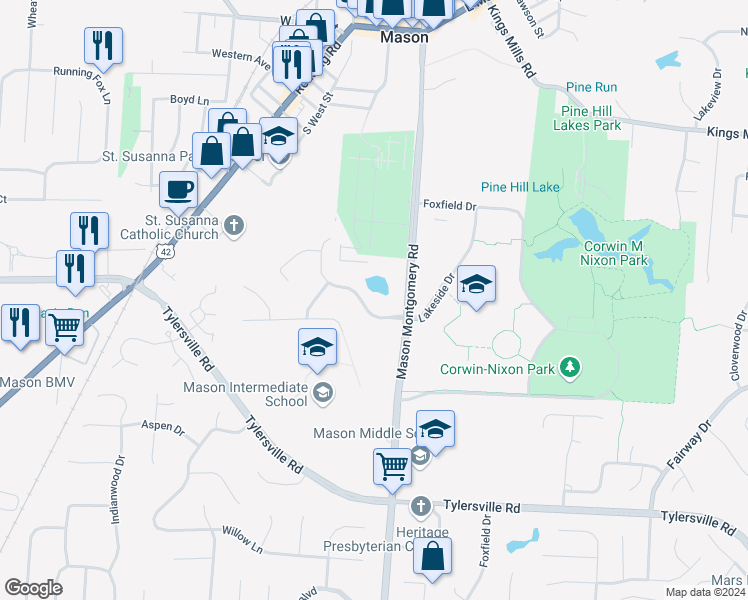 map of restaurants, bars, coffee shops, grocery stores, and more near 5058 Lakeside Drive in Mason