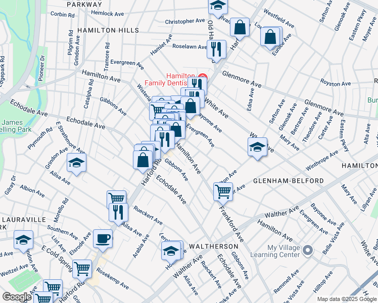 map of restaurants, bars, coffee shops, grocery stores, and more near 3016 Hamilton Avenue in Baltimore