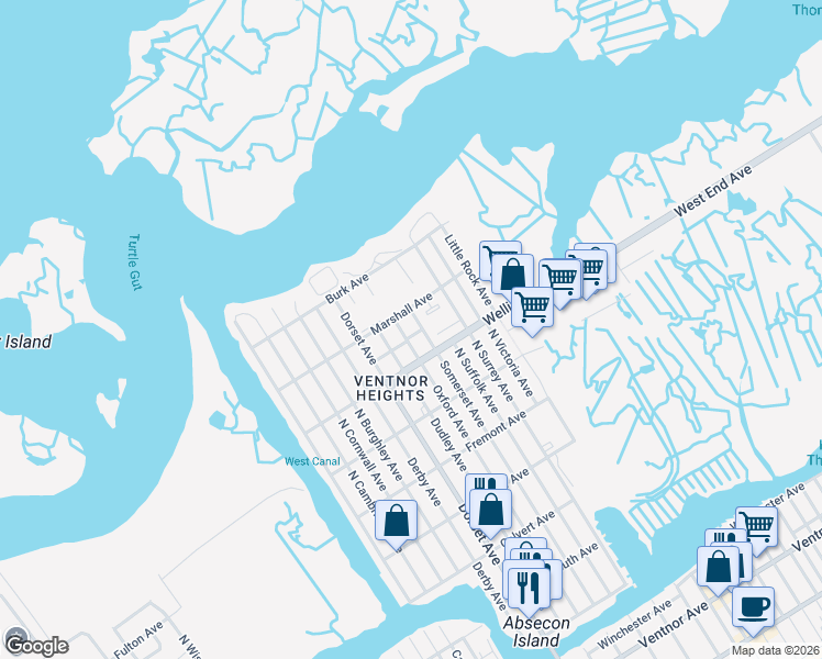 map of restaurants, bars, coffee shops, grocery stores, and more near 705 North Oxford Avenue in Ventnor City