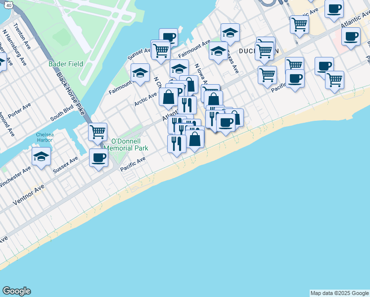 map of restaurants, bars, coffee shops, grocery stores, and more near 3117 Boardwalk in Atlantic City