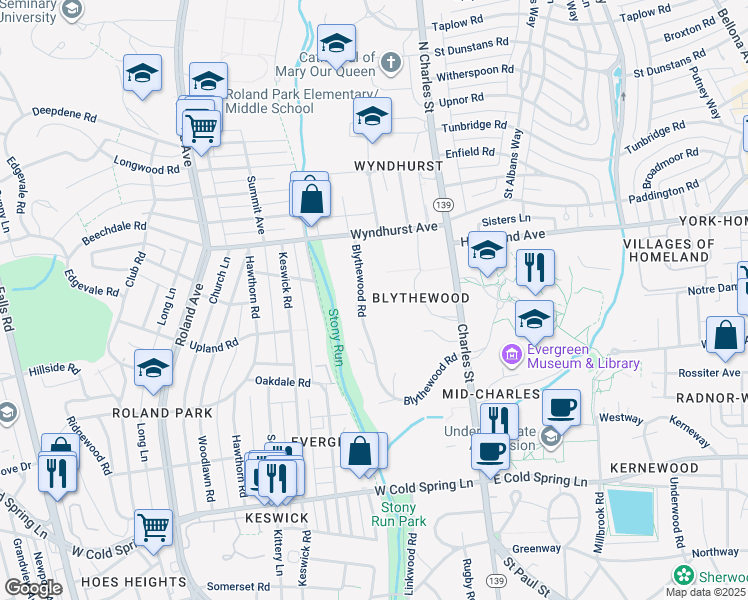 map of restaurants, bars, coffee shops, grocery stores, and more near 20 Blythewood Road in Baltimore