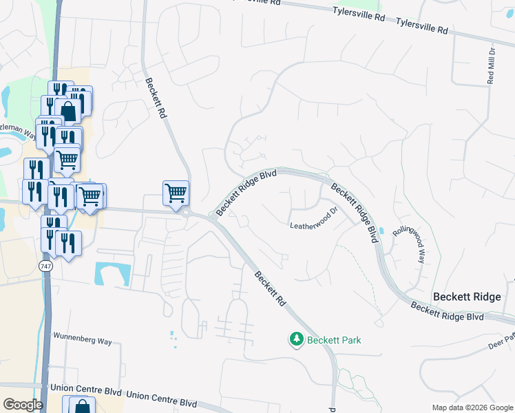 map of restaurants, bars, coffee shops, grocery stores, and more near 5229 Leatherwood Drive in Beckett Ridge