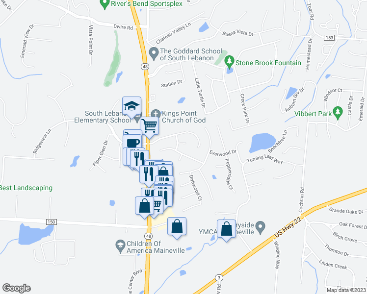 map of restaurants, bars, coffee shops, grocery stores, and more near 149 Hearthstone Court in Maineville