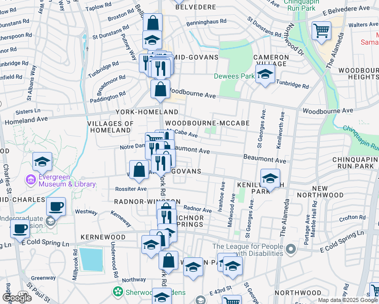 map of restaurants, bars, coffee shops, grocery stores, and more near 527 Beaumont Avenue in Baltimore