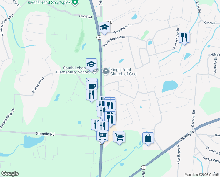 map of restaurants, bars, coffee shops, grocery stores, and more near 75 Rollingwood Drive in Maineville