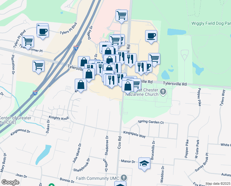 map of restaurants, bars, coffee shops, grocery stores, and more near 7779 Tylersville Road in Butler County