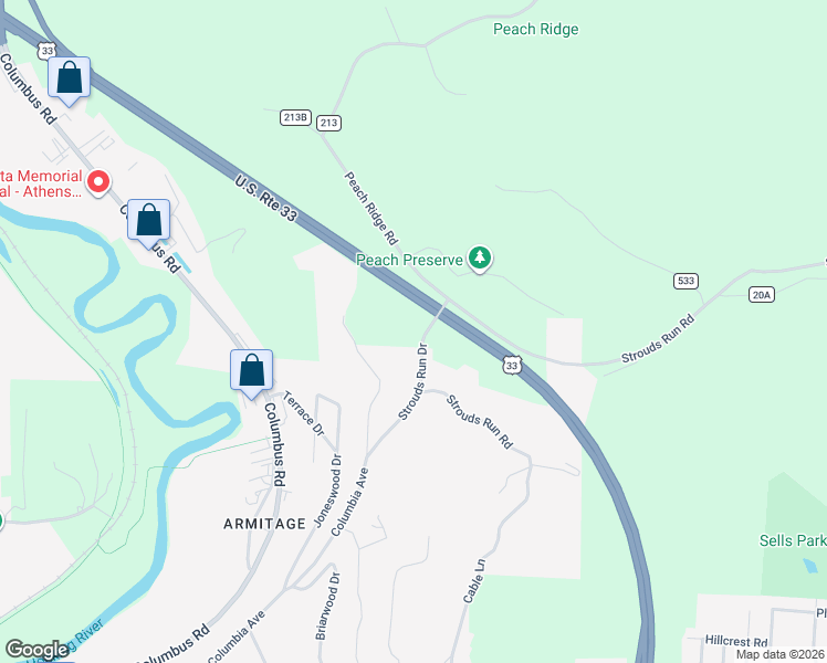 map of restaurants, bars, coffee shops, grocery stores, and more near 6 Old Peach Ridge Road in Athens