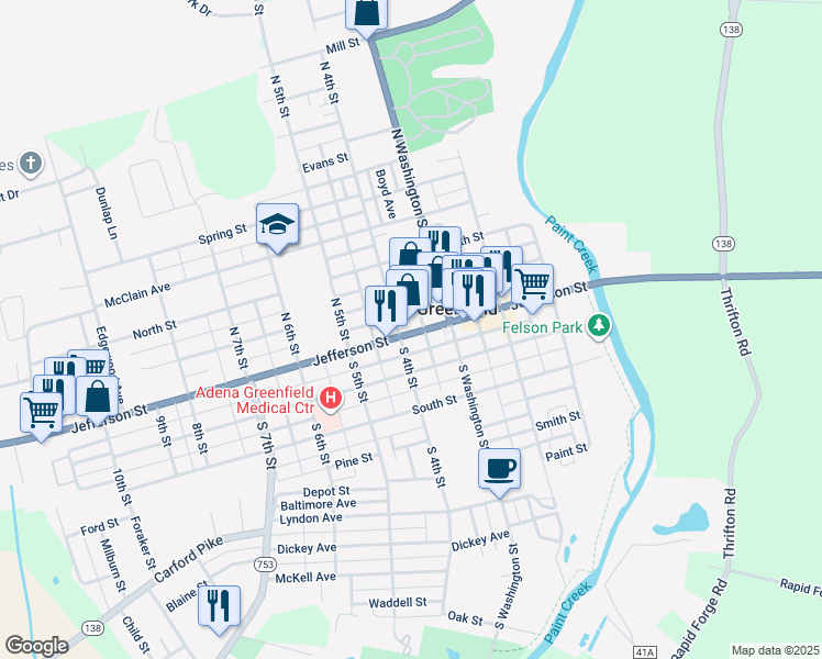map of restaurants, bars, coffee shops, grocery stores, and more near 408 Ohio 753 in Greenfield
