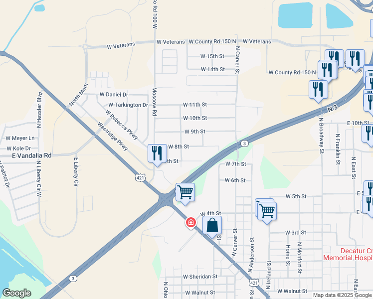 map of restaurants, bars, coffee shops, grocery stores, and more near 812 West 7th Street in Greensburg