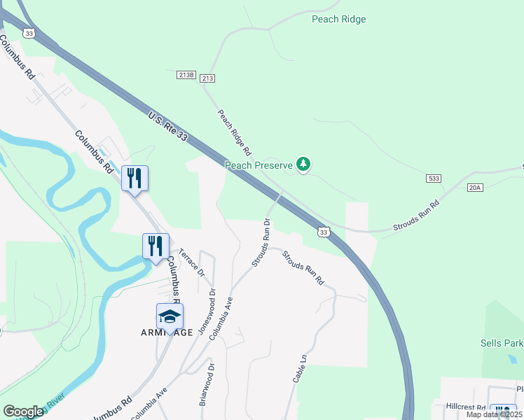 map of restaurants, bars, coffee shops, grocery stores, and more near 6 Old Peach Ridge Road in Athens