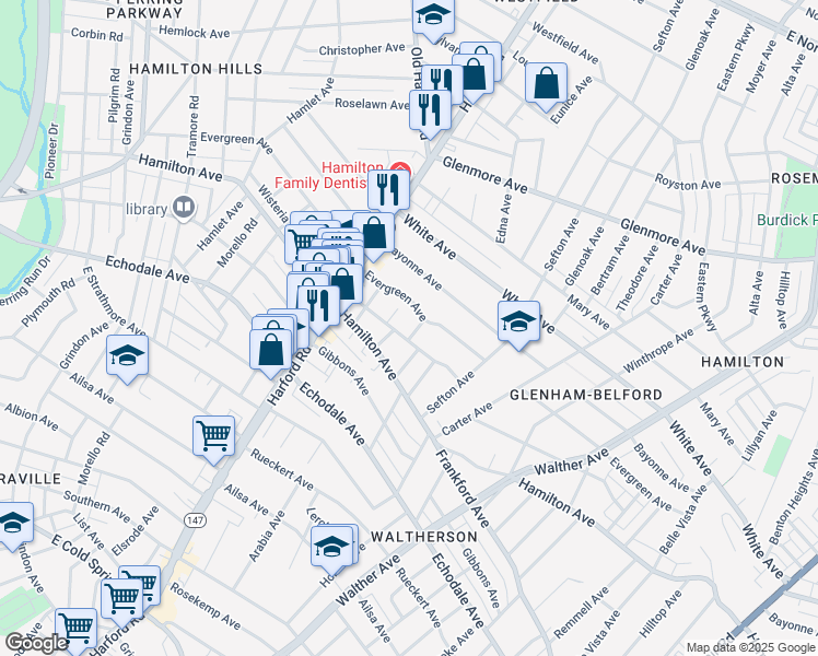 map of restaurants, bars, coffee shops, grocery stores, and more near 5514 Edna Avenue in Baltimore