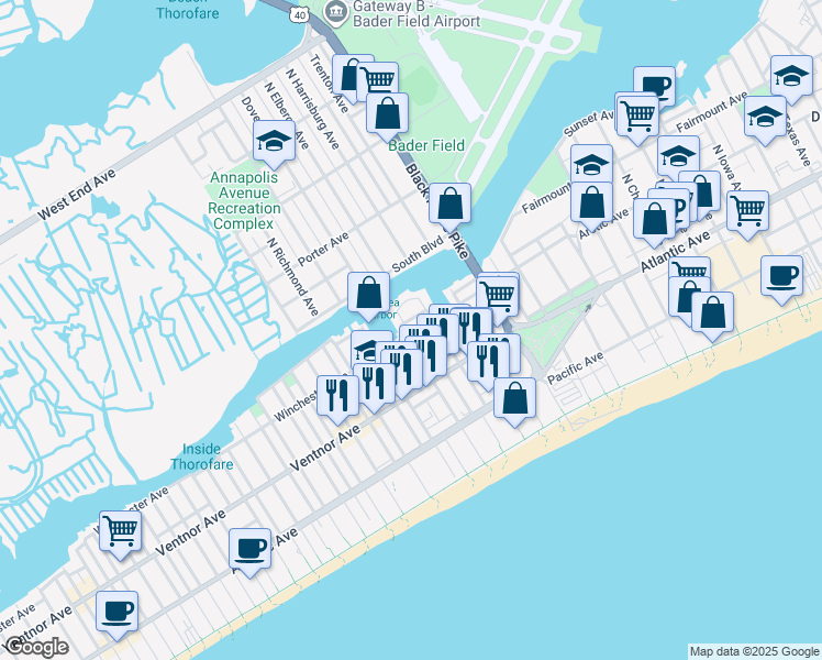 map of restaurants, bars, coffee shops, grocery stores, and more near 51 North Dover Avenue in Atlantic City