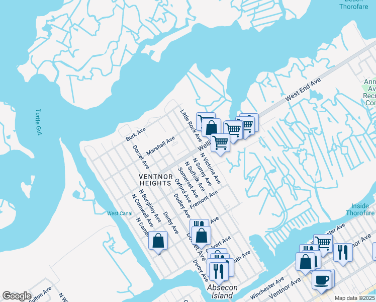 map of restaurants, bars, coffee shops, grocery stores, and more near 5515 Wellington Avenue in Ventnor City