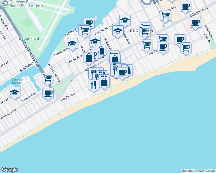 map of restaurants, bars, coffee shops, grocery stores, and more near 3000 Boardwalk in Atlantic City