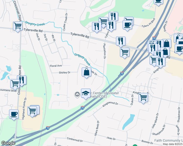 map of restaurants, bars, coffee shops, grocery stores, and more near 8017 Saint Matthew Drive in Butler County