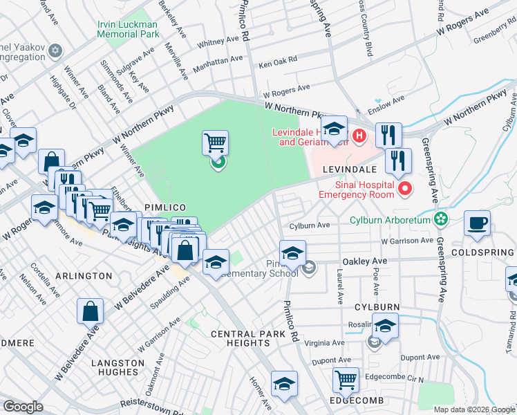 map of restaurants, bars, coffee shops, grocery stores, and more near 5135 Pembridge Avenue in Baltimore
