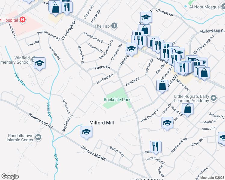 map of restaurants, bars, coffee shops, grocery stores, and more near 8339 Mindale Circle in Milford Mill