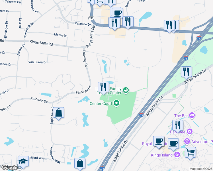 map of restaurants, bars, coffee shops, grocery stores, and more near 6042 Fairway Drive in Mason