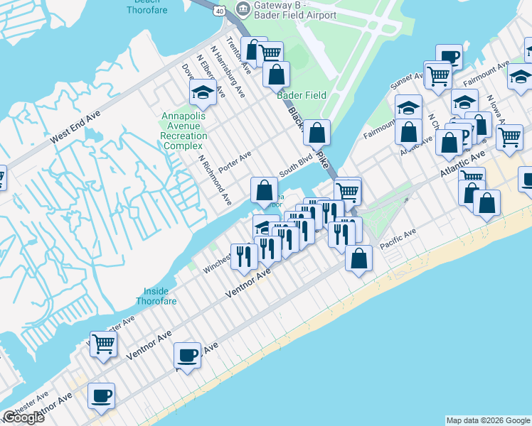 map of restaurants, bars, coffee shops, grocery stores, and more near 65 Chelsea Court in Atlantic City