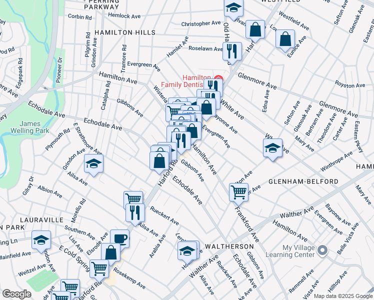 map of restaurants, bars, coffee shops, grocery stores, and more near 3004 Gibbons Avenue in Baltimore