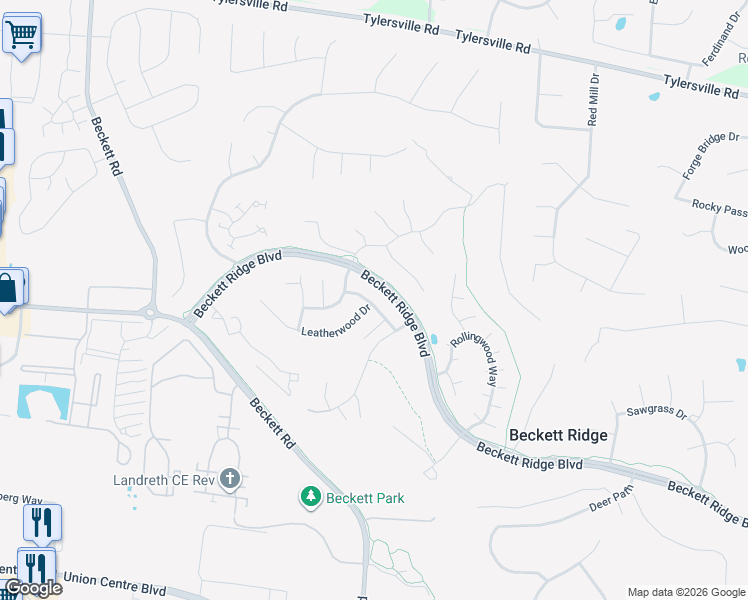 map of restaurants, bars, coffee shops, grocery stores, and more near 5412 Leaf Back Drive in Beckett Ridge