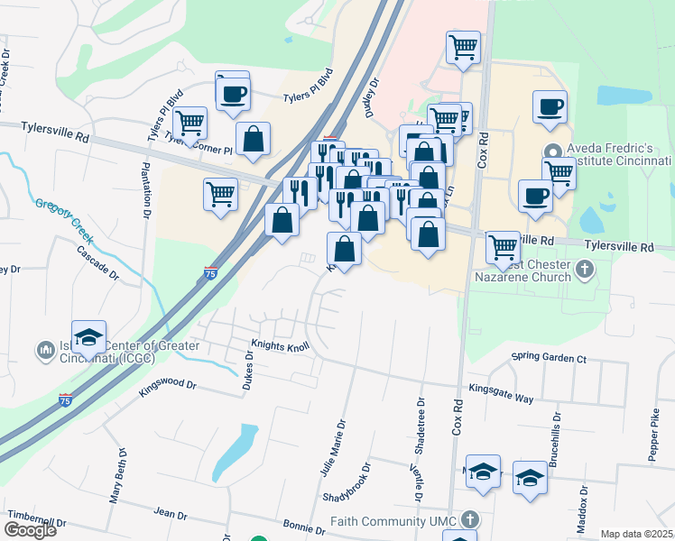 map of restaurants, bars, coffee shops, grocery stores, and more near 7665 Monarch Court in Butler County