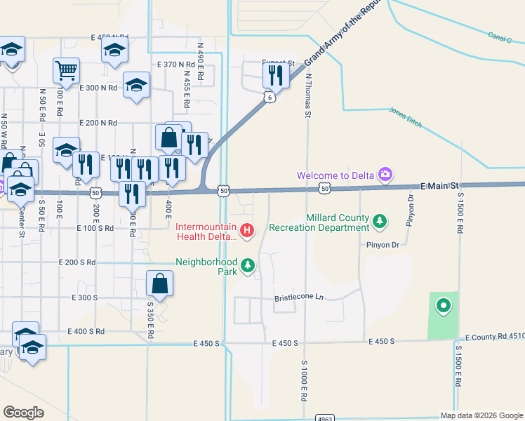 map of restaurants, bars, coffee shops, grocery stores, and more near 84 White Sage Avenue in Delta