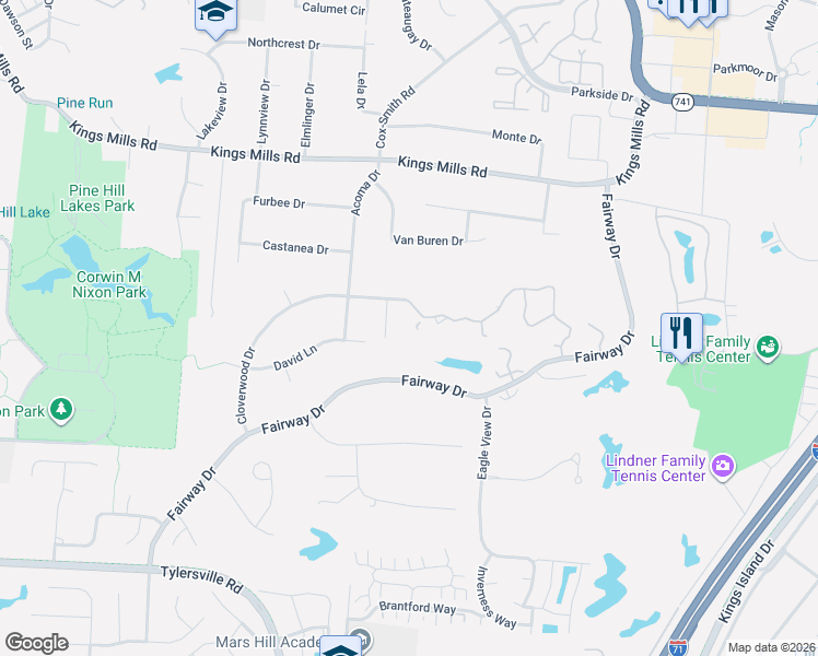 map of restaurants, bars, coffee shops, grocery stores, and more near 379 Cloverwood Drive in Mason