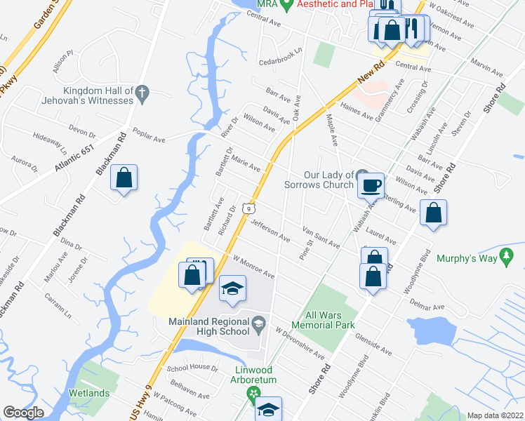 map of restaurants, bars, coffee shops, grocery stores, and more near 423 Vansant Avenue in Linwood