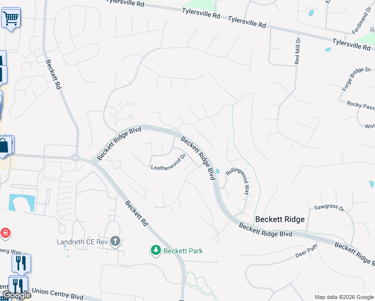 map of restaurants, bars, coffee shops, grocery stores, and more near 5388 Leaf Back Drive in Beckett Ridge