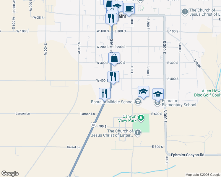 map of restaurants, bars, coffee shops, grocery stores, and more near 540 North Main Street in Ephraim
