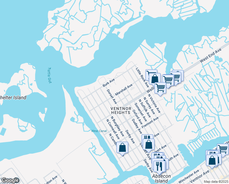map of restaurants, bars, coffee shops, grocery stores, and more near 709 North Dorset Avenue in Ventnor City