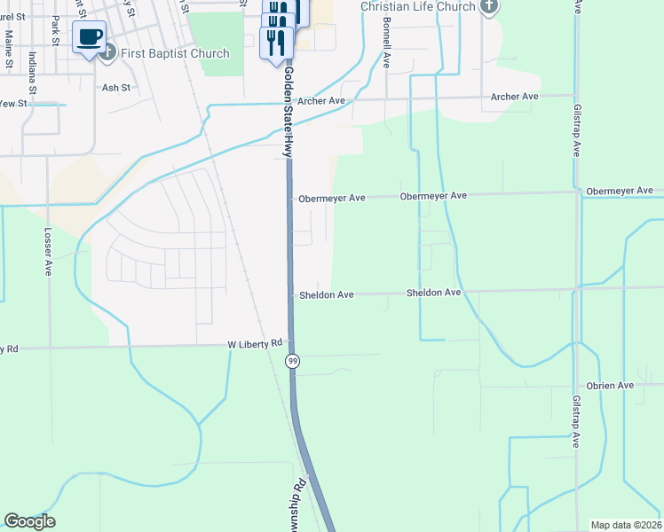 map of restaurants, bars, coffee shops, grocery stores, and more near 45 Sheldon Avenue in Gridley