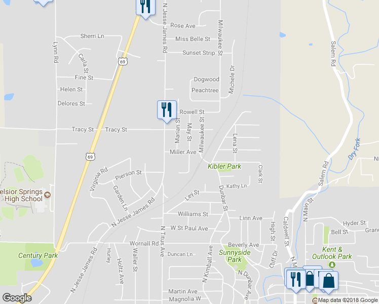 map of restaurants, bars, coffee shops, grocery stores, and more near 200 May Street in Excelsior Springs