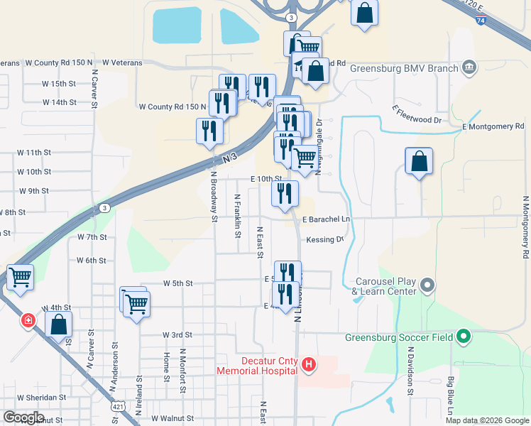 map of restaurants, bars, coffee shops, grocery stores, and more near 1405 North East Street in Greensburg