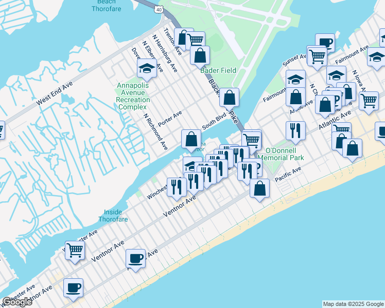 map of restaurants, bars, coffee shops, grocery stores, and more near 65 Chelsea Court in Atlantic City