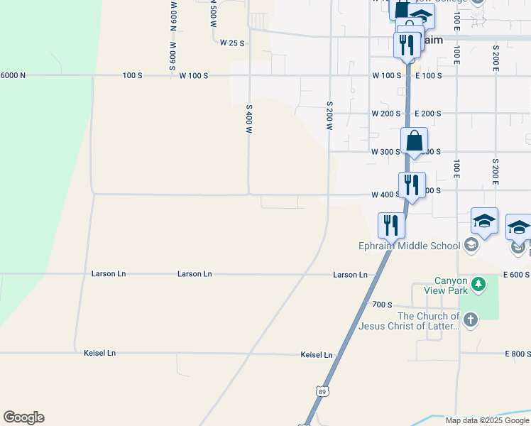 map of restaurants, bars, coffee shops, grocery stores, and more near 373 West 450 South in Ephraim