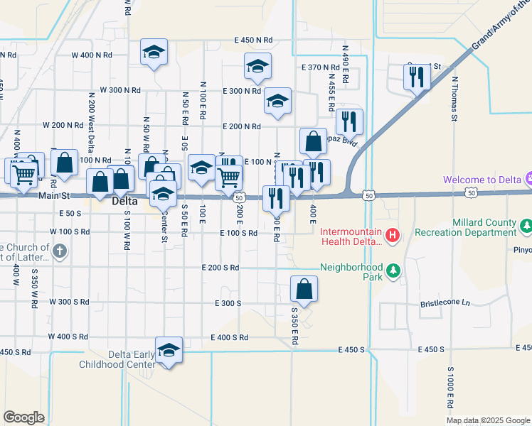 map of restaurants, bars, coffee shops, grocery stores, and more near 44 East 300 South in Delta