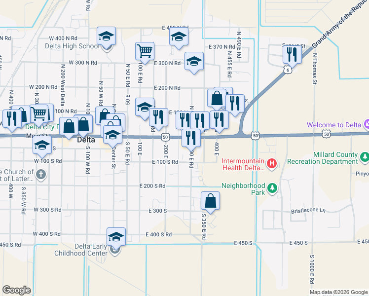 map of restaurants, bars, coffee shops, grocery stores, and more near 86 South 300 East in Delta