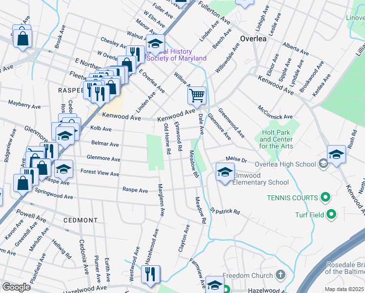 map of restaurants, bars, coffee shops, grocery stores, and more near 611 Elmwood Road in Baltimore