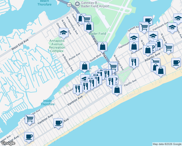 map of restaurants, bars, coffee shops, grocery stores, and more near 65 Chelsea Court in Atlantic City