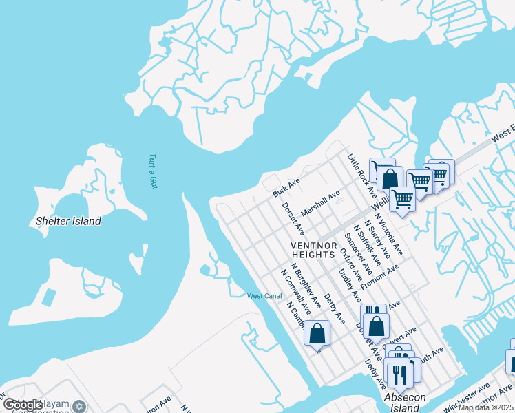 map of restaurants, bars, coffee shops, grocery stores, and more near 905 North Burghley Avenue in Ventnor City