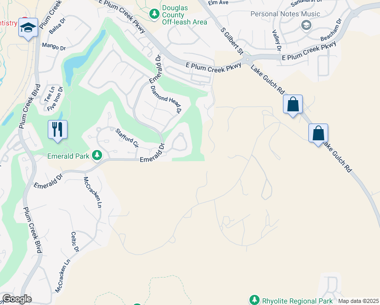 map of restaurants, bars, coffee shops, grocery stores, and more near 2125 Kahala Circle in Castle Rock