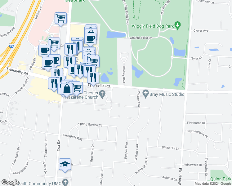 map of restaurants, bars, coffee shops, grocery stores, and more near 8073 Tylersville Road in Butler County