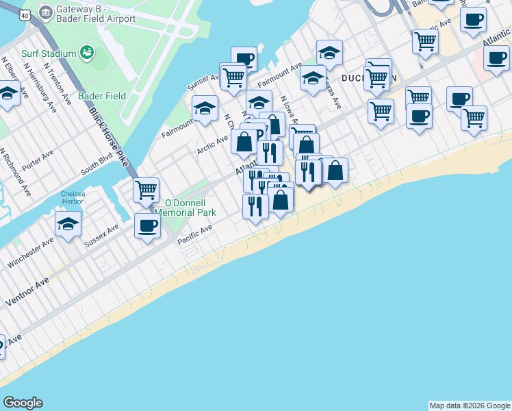 map of restaurants, bars, coffee shops, grocery stores, and more near 3117 Boardwalk in Atlantic City
