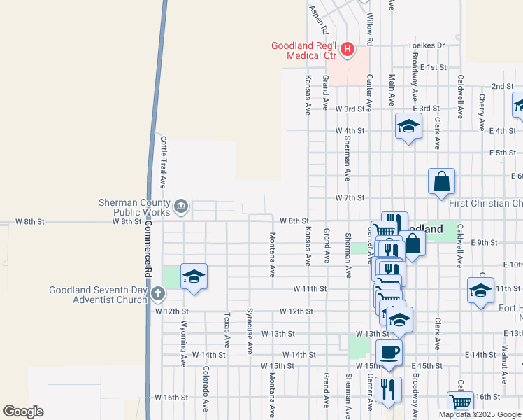 map of restaurants, bars, coffee shops, grocery stores, and more near 707 Wheat Ridge Circle in Goodland