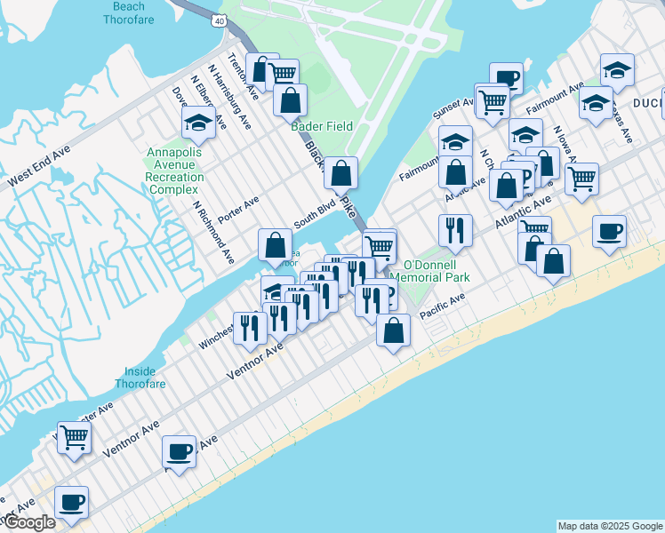 map of restaurants, bars, coffee shops, grocery stores, and more near in Atlantic City