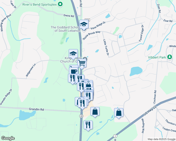map of restaurants, bars, coffee shops, grocery stores, and more near 55 Saddle Creek Lane in Maineville