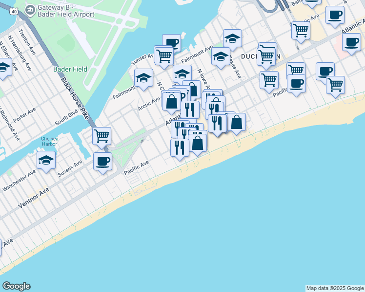 map of restaurants, bars, coffee shops, grocery stores, and more near Boardwalk in Atlantic City