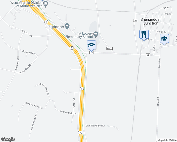 map of restaurants, bars, coffee shops, grocery stores, and more near 8927 Charles Town Road in Charles Town